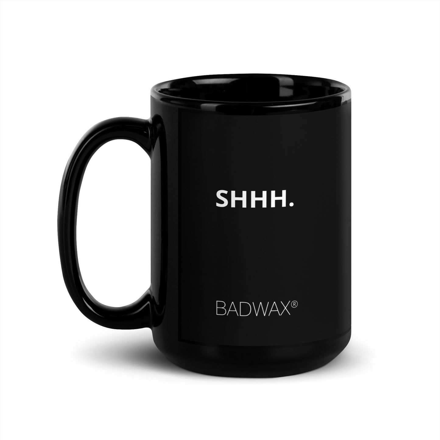 SHHH. Black coffee mug